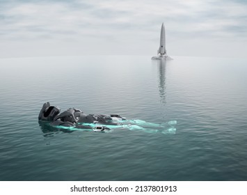 Far From Home. 
Astronaut Body Floating In The Water On A Deserted Planet. 
3d Rendering Image