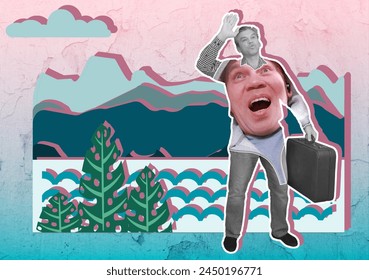 Farewell and New Beginnings â€“ Man Embraces Adventure. Composite Collage. Against the background of mountains, clouds, forests, sea or ocean, an adult man with a suitcase makes a farewell wave. - Powered by Shutterstock