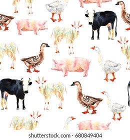 Farm animal seamless pattern drawing in watercolor. Cow, duck, goat, pig for your design.