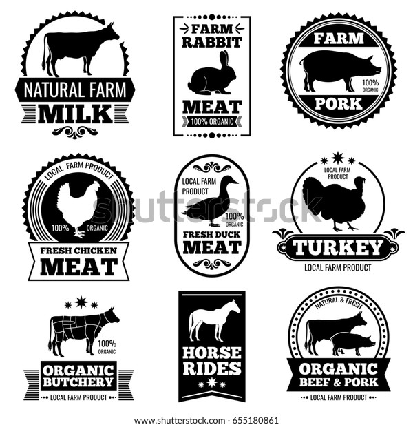 家畜のビンテージ肉 肉屋のロゴ バッジ ラベル ロゴブランドの有機肉牛と豚肉 黒いシルエット動物を使った肉屋のロゴイラスト のイラスト素材