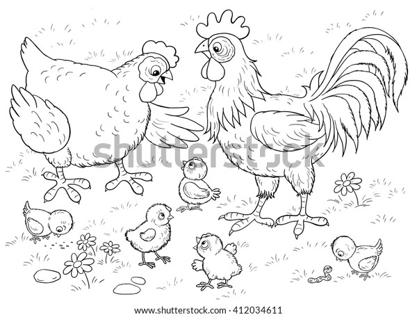 農場で 家畜 可愛い鶏 鶏 雛 子ども向けのイラスト 塗り絵 カラーリングページ おかしな漫画のキャラクター のイラスト素材
