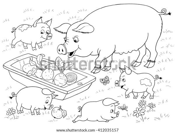 農場で 家畜 かわいい母豚と赤ちゃんが夕食を食べている 子ども向けのイラスト 塗り絵 ページの色付け おかしな漫画のキャラクター のイラスト素材