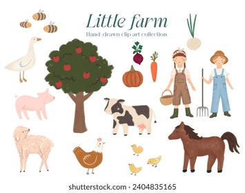 Farm animals handdrawn on white background, cute cow, horse, sheep, pig, goose, hen, chicks, farmer boy and girl, vegetables, apple tree, childish  - Powered by Shutterstock