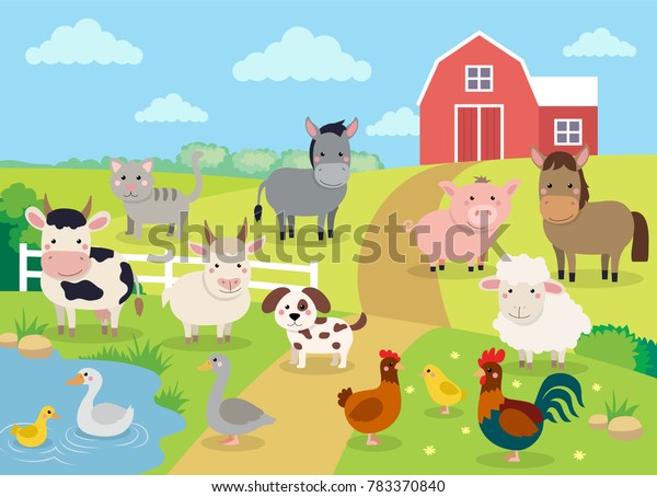 牛 豚 羊 馬 鶏 鶏 ロバ 鶏 鶏 ガチョウ ガモ ガモ ヤギ 猫 犬など 風景を持つ農業動物 フラットなスタイルのかわいい漫画のイラスト のイラスト素材