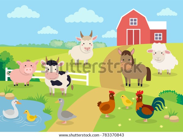 牛 豚 羊 馬 鶏 鶏 ロバ 鶏 鶏 ガチョウ ガモ ガモ ヤギ 猫 犬など 風景を持つ農業動物 フラットなスタイルのかわいい漫画のイラスト のイラスト素材