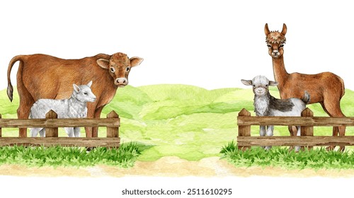 Farm animals on a green field protected by wooden fence. Vintage style painted illustration. Hand drawn cow, sheep, goat, llama standing behind border. Farm animals on the pasture countryside image - Powered by Shutterstock