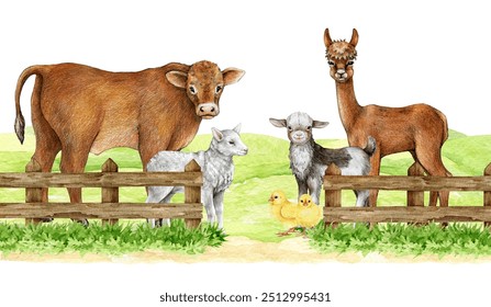 Farm animals on a green field protected by wooden fence. Vintage style illustration. Hand drawn cow, sheep, goat, llama, chicken standing behind border. Farm animals on the pasture countryside image - Powered by Shutterstock