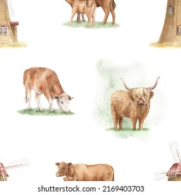 Farm Animals Seamless Pattern. Cows, Cattle, Windmill, Countryside Hand Drawn Watercolor Illustration. Summer Design For Textile, Wallpaper, Fabric, Wrapping Paper