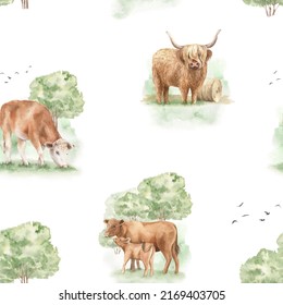 Farm Animals Seamless Pattern. Cows, Cattle, Countryside Hand Drawn Watercolor Illustration. Summer Design For Textile, Wallpaper, Fabric, Wrapping Paper