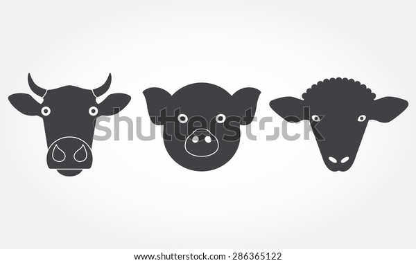 家畜セット 牛 豚 羊の頭または顔のアイコン 黒いシルエット のイラスト素材