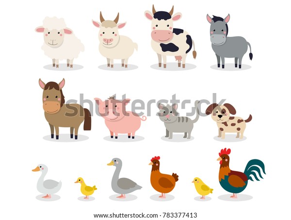 白い背景に平らなスタイルの農家の動物 イラトス かわいいアニメのコレクション 羊 山羊 牛 ドンキー 馬 豚 猫 犬 アヒル ガチョウ 鶏 鶏 鶏 雄鶏 のイラスト素材