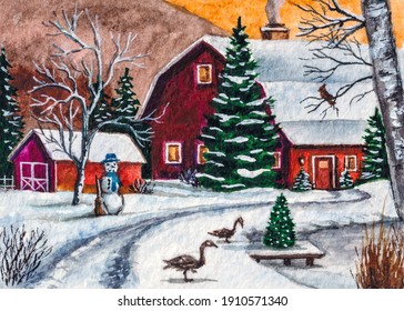 Farm Barn. Red Country House. Snowy Winter Forest. Snowman And Farm Animals. Watercolor Painting. Acrylic Drawing Art.