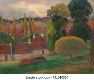 A Farm in Brittany, by Paul Gauguin, 1894, French Post-Impressionist painting, oil on canvas. This work was painted in 1894, between the artists travels to tropics and employs the rich color he adopte