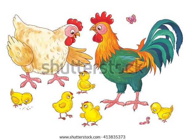 農場で 可愛い鶏とニワトリとひな 子ども向けのイラスト 塗り絵 ページの色付け おかしな漫画のキャラクター のイラスト素材
