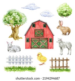 Farm Elements Hand Drawn Set. Red Barn, Fence, Chick, Lamb, Bunny, Tree And Bush Elements. Watercolor Illustration. Farm And Countryside Element Collection. White Background