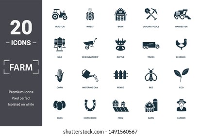 Farm Icon Set. Contain Filled Flat Tractor, Barn, Harvester, Wheelbarrow, Truck, Corn, Fence Icons. Editable Format.