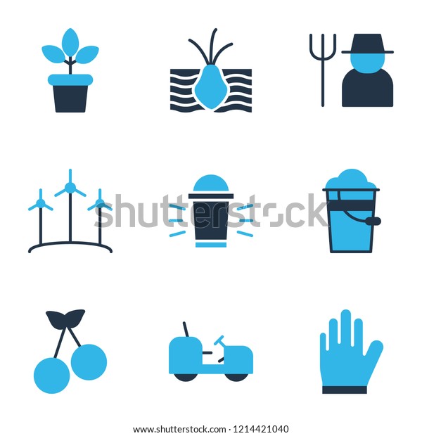 Farm icons\
colored set with cherry, pail, wind power and other flowerpot\
elements. Isolated  illustration farm\
icons.
