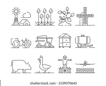 Farm linear icon. Agricultura nature village fields wheat symbols isolated