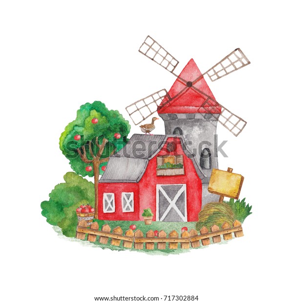farm of local production. watercolor illustration.\
logo, emblem