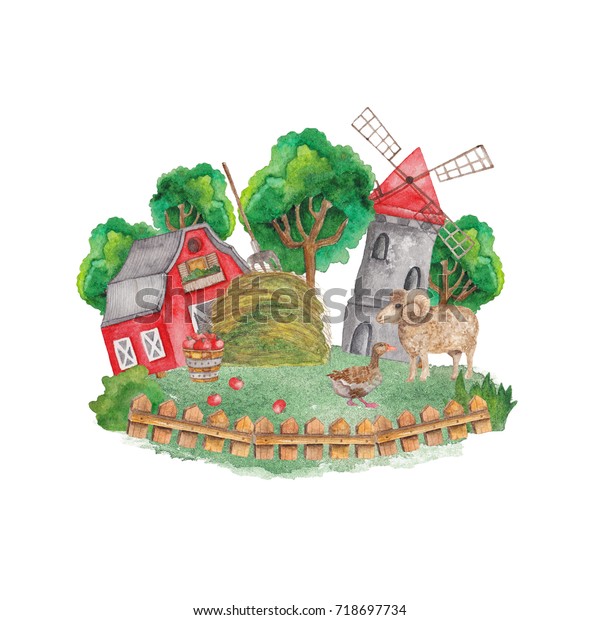 farm of local production. watercolor illustration.\
logo, emblem