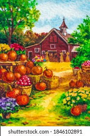 Farm With Red Bard. Autumn Harvest. Pumpkin Decorations. Farmers Market. Watercolor Painting.