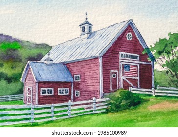 Farm Red Barn. American Flag. 4th Of July Independence, Memorial Or Presidents Day. US Starry Striped Patriotic Symbol. United States Country Landscape. Watercolor Painting. Acrylic Drawing Art.