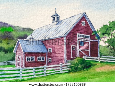 Farm red barn. American flag. 4th of July Independence, Memorial or Presidents Day. US starry striped patriotic symbol. United States Country landscape. Watercolor painting. Acrylic drawing art.