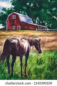 Farm With Red Barn. Brown Horse. Country Landscape. Farm Animals. Watercolor Painting. Acrylic Drawing Art. A Piece Of Art.