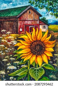 Farm Red Barn. Sunflower Flowers. American Country. Watercolor Painting. Acrylic Drawing Art.