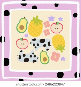 Farm style countryside Cow milk cute apple, pineapple, aocado, flower blooming background gift wrapping paper doodle scarf illustration design - Powered by Shutterstock