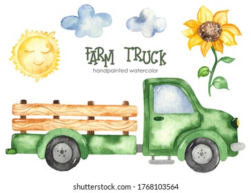 Farm Truck, Sunflower, Sun, Clouds. Watercolor Hand Drawn Farm Clipart For Kids