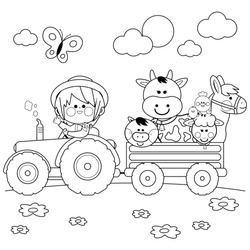 Farmer Boy Driving A Tractor And Carrying Farm Animals. Black And White Coloring Page.