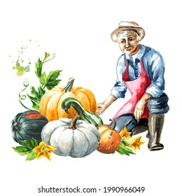 Farmer With Colorful  Pumpkins Or Squash Crop. Watercolor Hand Drawn Illustration, Isolated  On White Background