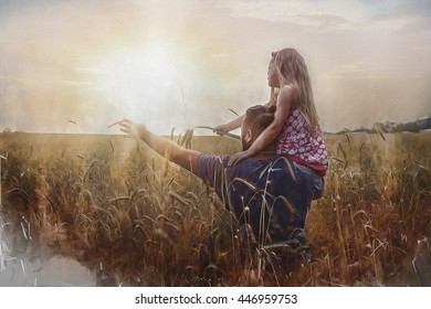 Farmer Father with his daughter balancing on his shoulder with their arms outstretched in a wheat field. Color oil painting - Powered by Shutterstock