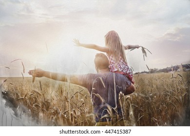 Farmer Father with his daughter balancing on his shoulder with their arms outstretched in a wheat field. Color oil painting - Powered by Shutterstock