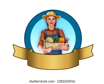 Farmer girl holding a vegetables basket. Label with empty space to insert your text. Digital illustration, clipping path included. - Powered by Shutterstock