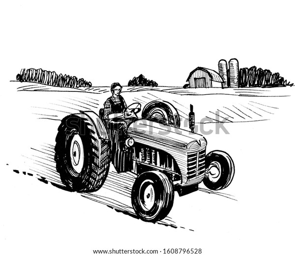 Farmer on\
tractor. Ink black and white\
drawing