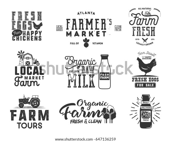 農家市場 有機食品 牛乳 卵バッジセット 新鮮でローカルな製品ロゴデザイン モノクロスタイルのエコファームの記章 白い背景に パッチ のイラスト素材