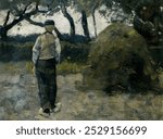 A Farmer standing near a Hay-Stack (1889) painting in high resolution by Richard Roland Holst. Vintage landscape. Vintage landscape scenery art drawing illustration, old painting art print.