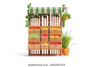 Farmer street market stand with wooden boxes fresh ripe fruits yellow apples, pears, bananas, oranges, tangerines, melons, red pomegranates, green plants. Front view. 3d render isolated white backdrop - Powered by Shutterstock