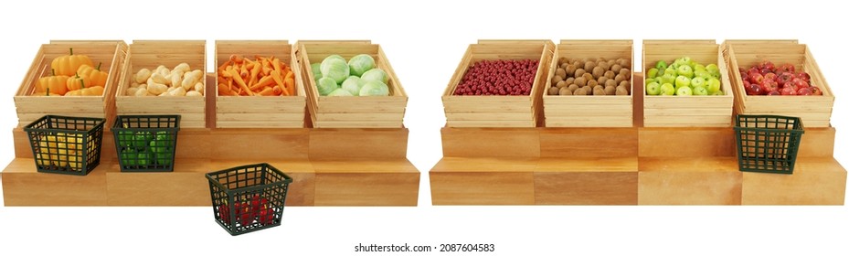 Farmer's fresh market fruit and vegetable wooden stalls and plastic baskets isolated on white background with clipping path. 3d rendering. - Powered by Shutterstock