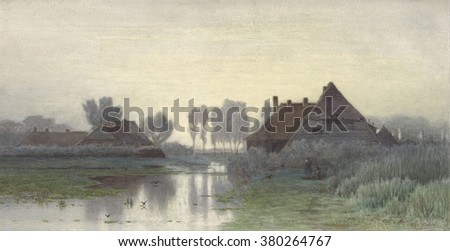 Farmers Homes on the Water in Morning Mist, by Paul Gabriel, c. 1848-1903, Dutch watercolor painting of a rural village with two people in the mid-ground.