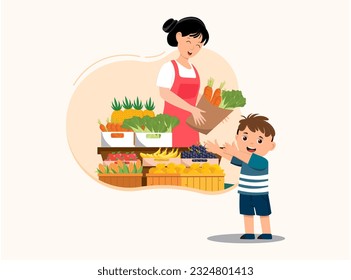 Farmers market flat vector illustration. Organic produce local store. Market stalls with vegetables in wooden crates. Rural summer outdoor shop with cartoon seller. Village farm and grocery - Powered by Shutterstock