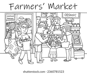 Farmers market. Group of multi-ethnic diverse people buying and selling healthy fresh fruits and vegetables at grocery store. Black and white illustration drawing. - Powered by Shutterstock