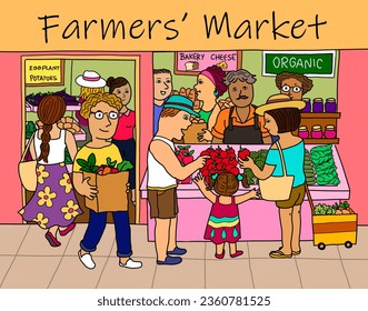 Farmers market. Group of multi-ethnic diverse people buying and selling healthy fresh fruits and vegetables at grocery store. Colorful illustration drawing. - Powered by Shutterstock