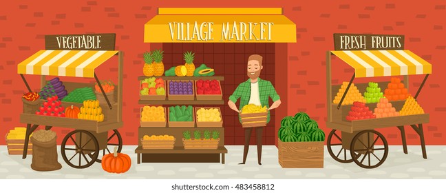 Farmers market. Local farmer shopkeeper. Seller fresh vegetables.  Natural product. Village market. Food for a healthy lifestyle. Local shop. Vegetarian food.  - Powered by Shutterstock