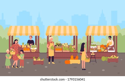 Farmers Street Market In Modern City Flat Illustration Concept. People Show And Sell Own Growth Green Natural Eco Products, Fresh Food At Open Place Under Tents.