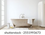 Farmhouse bathroom . Beige bath near the white wall. Interior mockup. 3d render.