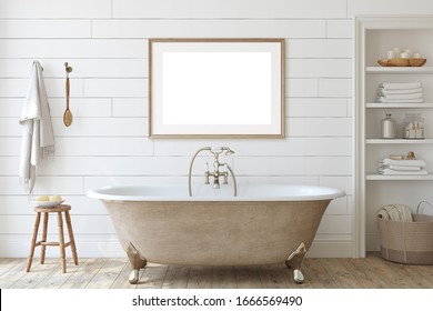 Farmhouse bathroom with shiplap wall . Interior and frame mockup. 3d render.