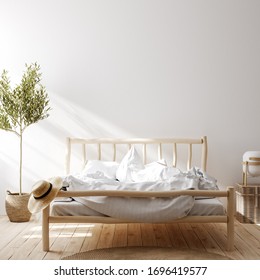 Farmhouse Bedroom Interior, Wall Mockup, 3d Render